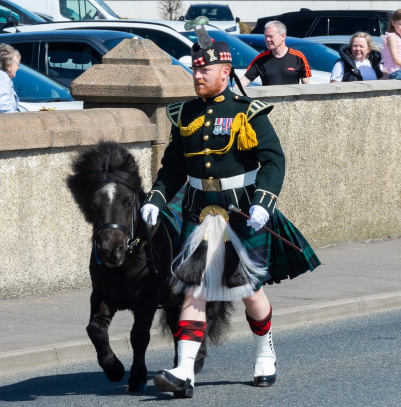 The Shetland pony mascot of the Scots Regiment Cruchan the fourth is led by the rein by a soldier