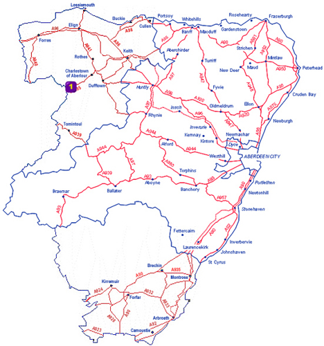 Map of Aberdeenshire showing the locations of Clava Cairns
