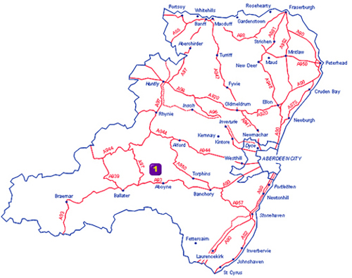 Map of Aberdeenshire showing the locations of Souterrains