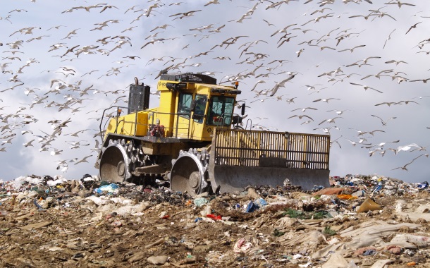 Landfill site with a truck and seagulls 