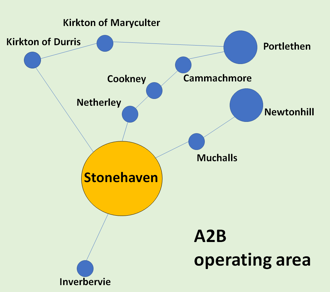 Map showing areas covered by Stonehaven A2B