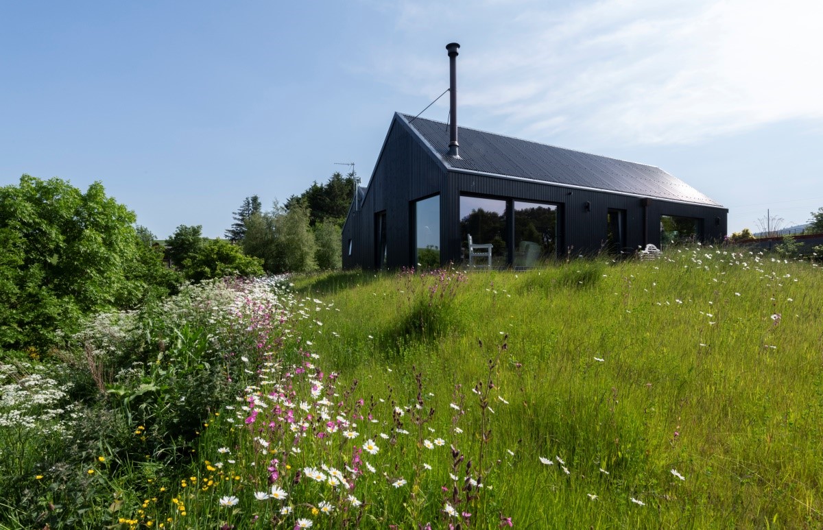 A single-storey clad house on a grassy hill and flowers
