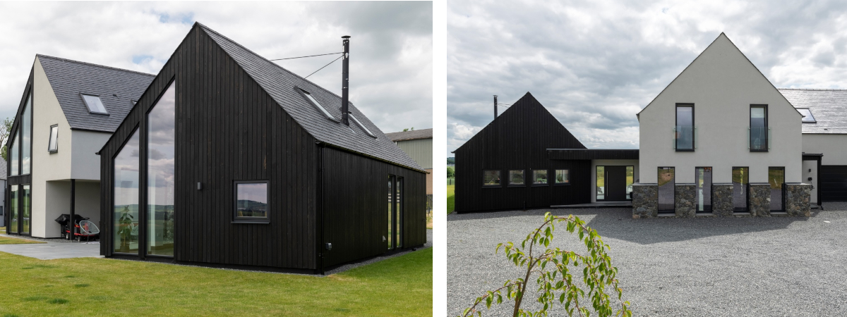 Collage of two images, front and back of house with cladding, large windows and gravel driveway