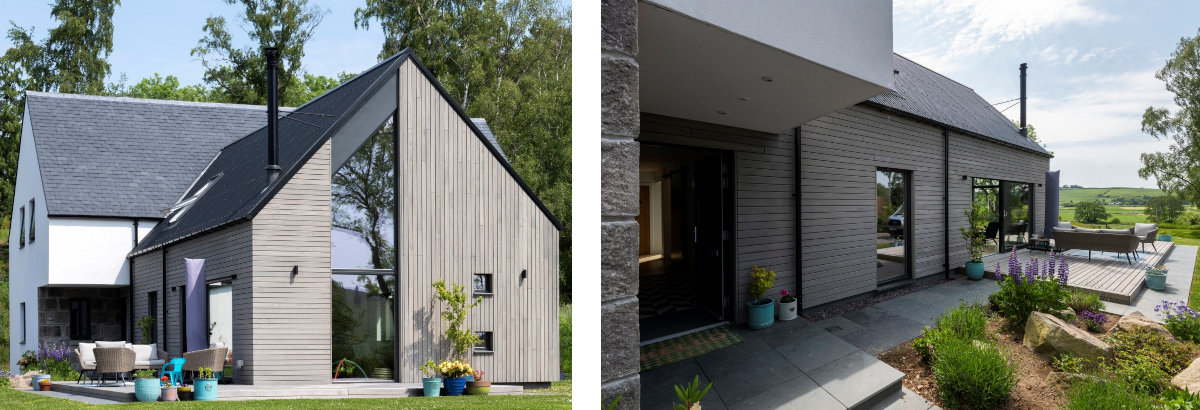 Collage of two images, front and back of Tummel building with cladding and patio area