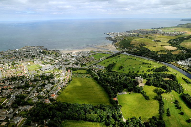 An aerial picture looking down on the coastal town's of Banff and Macduff and out to the North Sea