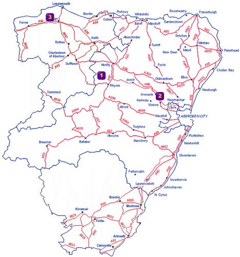 Map of Aberdeenshire showing the locations of Henges