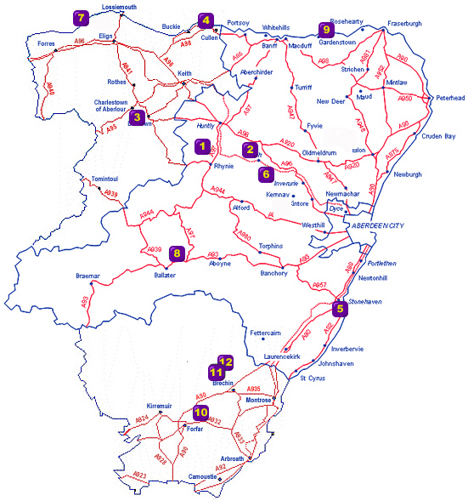Map of Aberdeenshire showing the locations of hill forts and other settlements