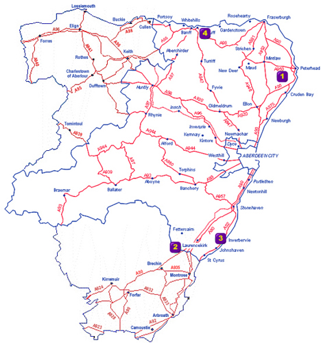 Map of Aberdeenshire showing the locations of Cairn Catto, Capo, Gourdon and Longman Hill