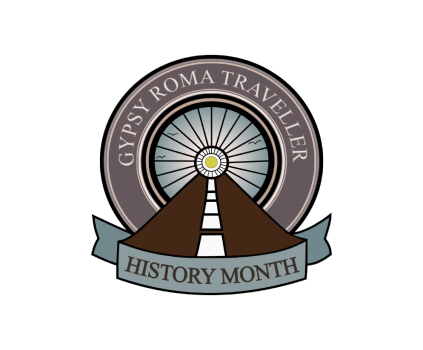 A Gypsy Roma Traveller History Month logo, with a stylised wheel motif in the middle.