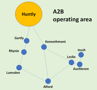 Map showing areas covered by Alford to Huntly A2B