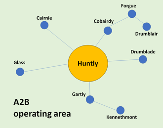 Map showing areas covered by Huntly A2B