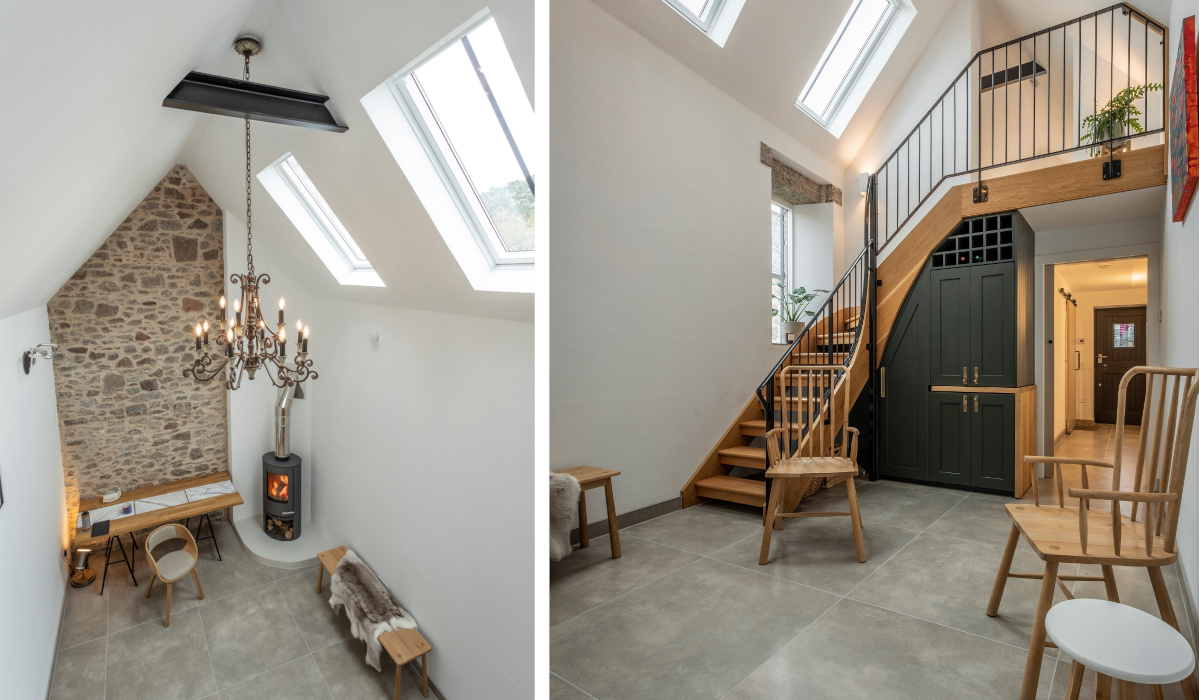 Collage of two images showing indoor space with wood burner, desk, chairs and stairs leading up