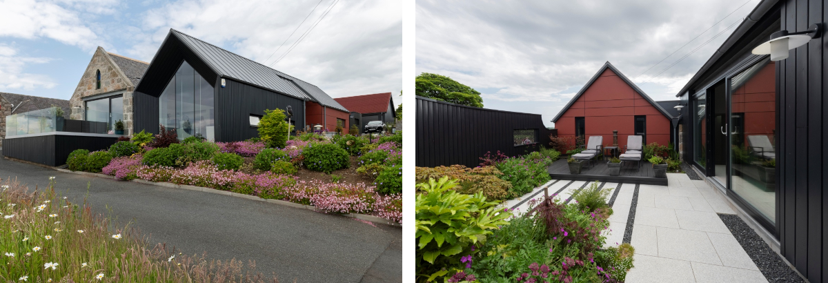 Collage of two viewpoints of modern clad house with some window walls