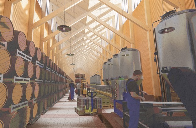 Computer generated, inside of a cider factory with barrels, machines and people working