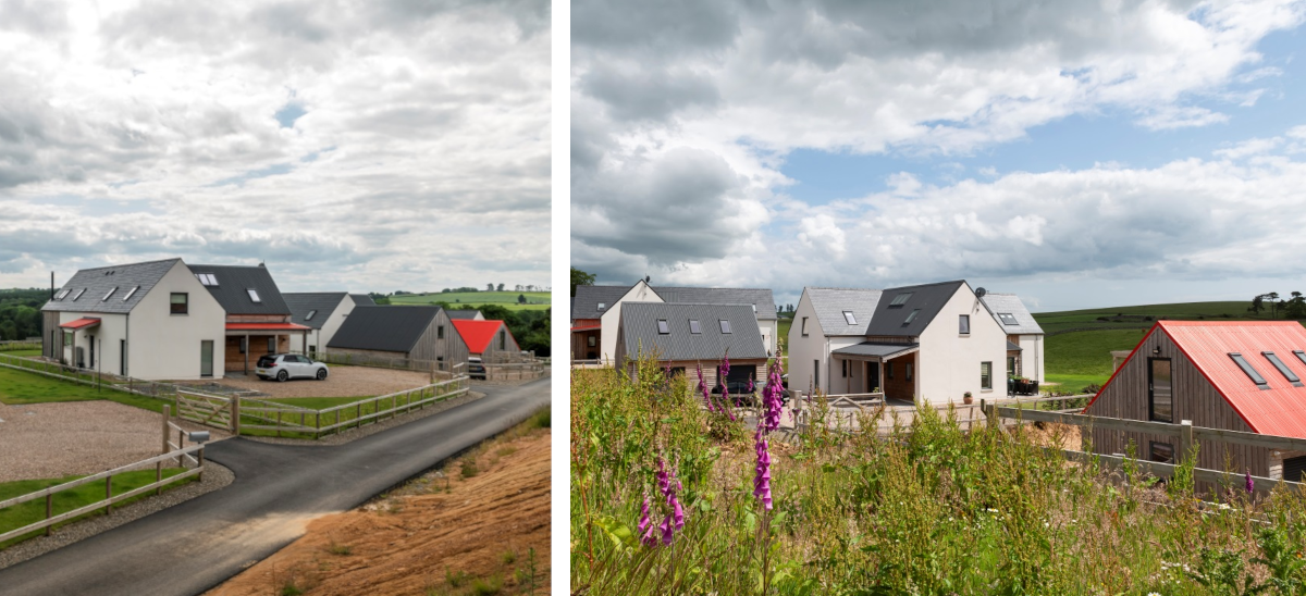 Collage of two images, different viewpoints of farmhouse buildings with cloudy sky in background