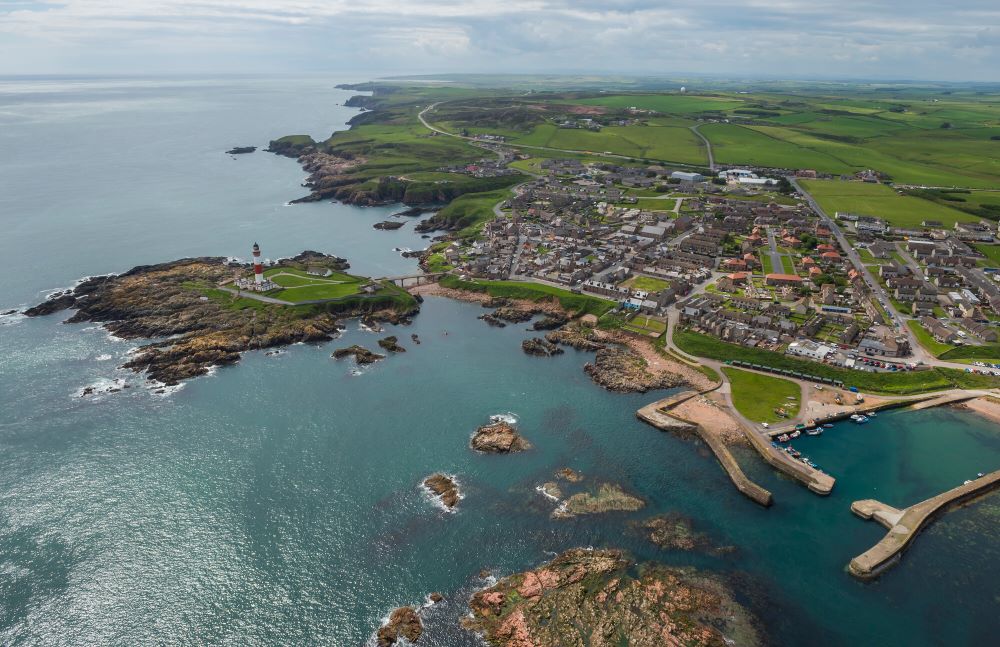 An aerial photograph of Boddam Harbour.