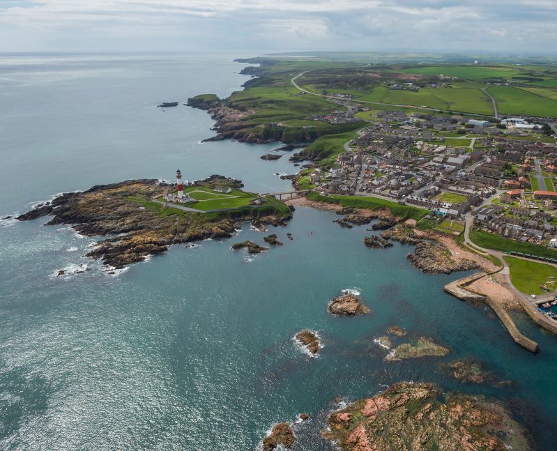 An aerial photograph of Boddam Harbour.