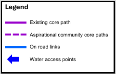 Map legend showing: a solid purple line for existing core paths; a dashed purple line for aspirational community core paths; a solid blue line for on‑road links; and a blue left‑pointing arrow representing water access points.
