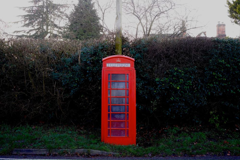 A photo of a traditional red telephone box in front of foliage that rises above it. the top of some trees, a rooftop, and a chimney sit further above.