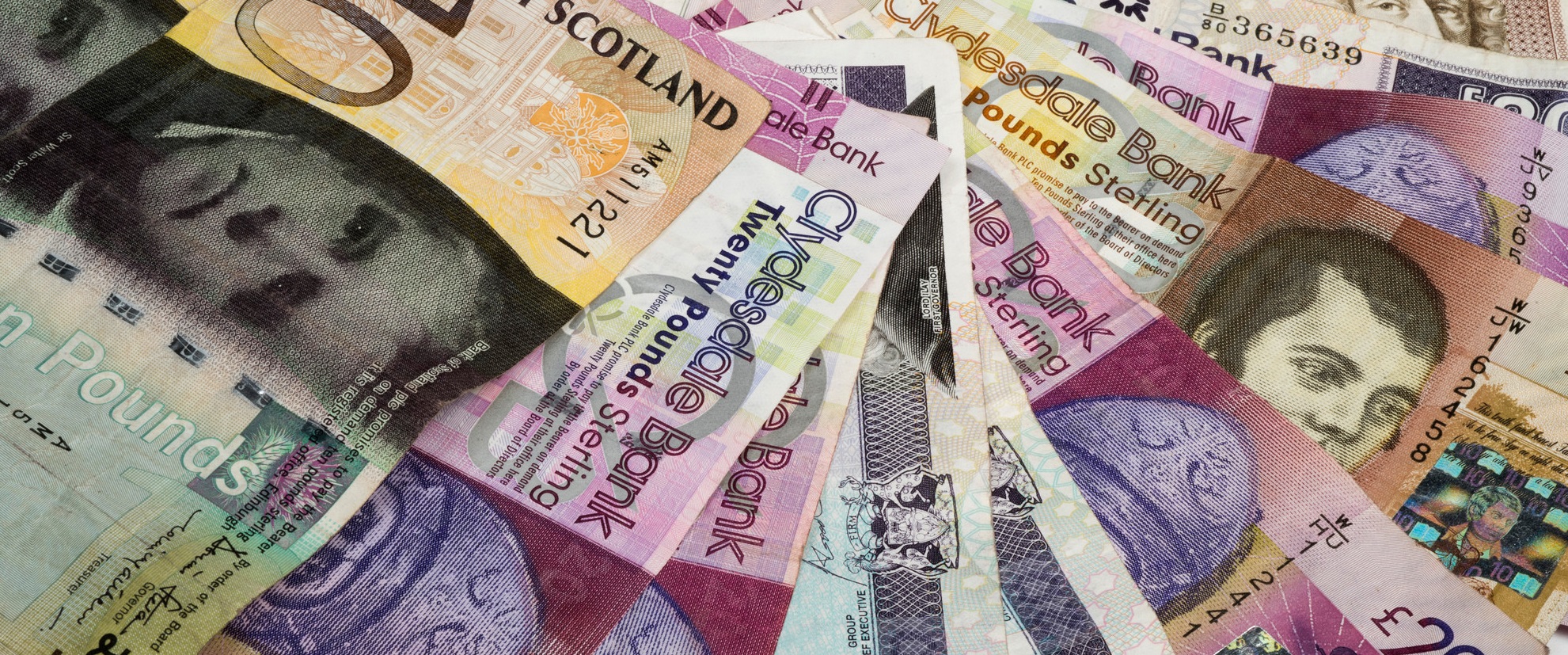 A picture showing various denominations of Scottish paper money