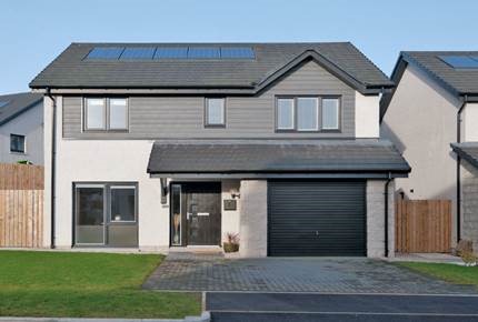 Street view of detached house with drive and garage and front garden