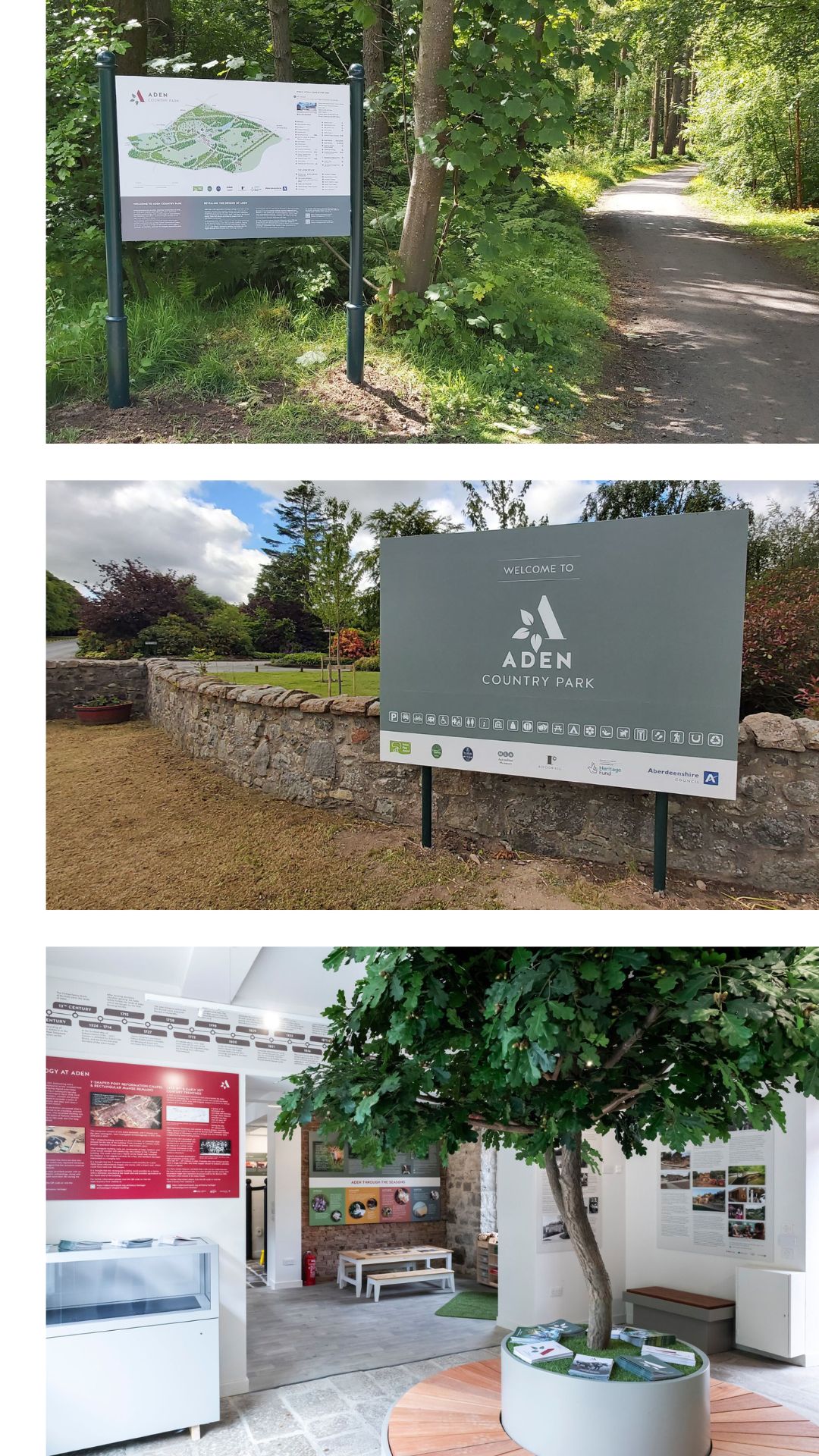 Images from Aden Country Park: its entrance, signage, and information centre.