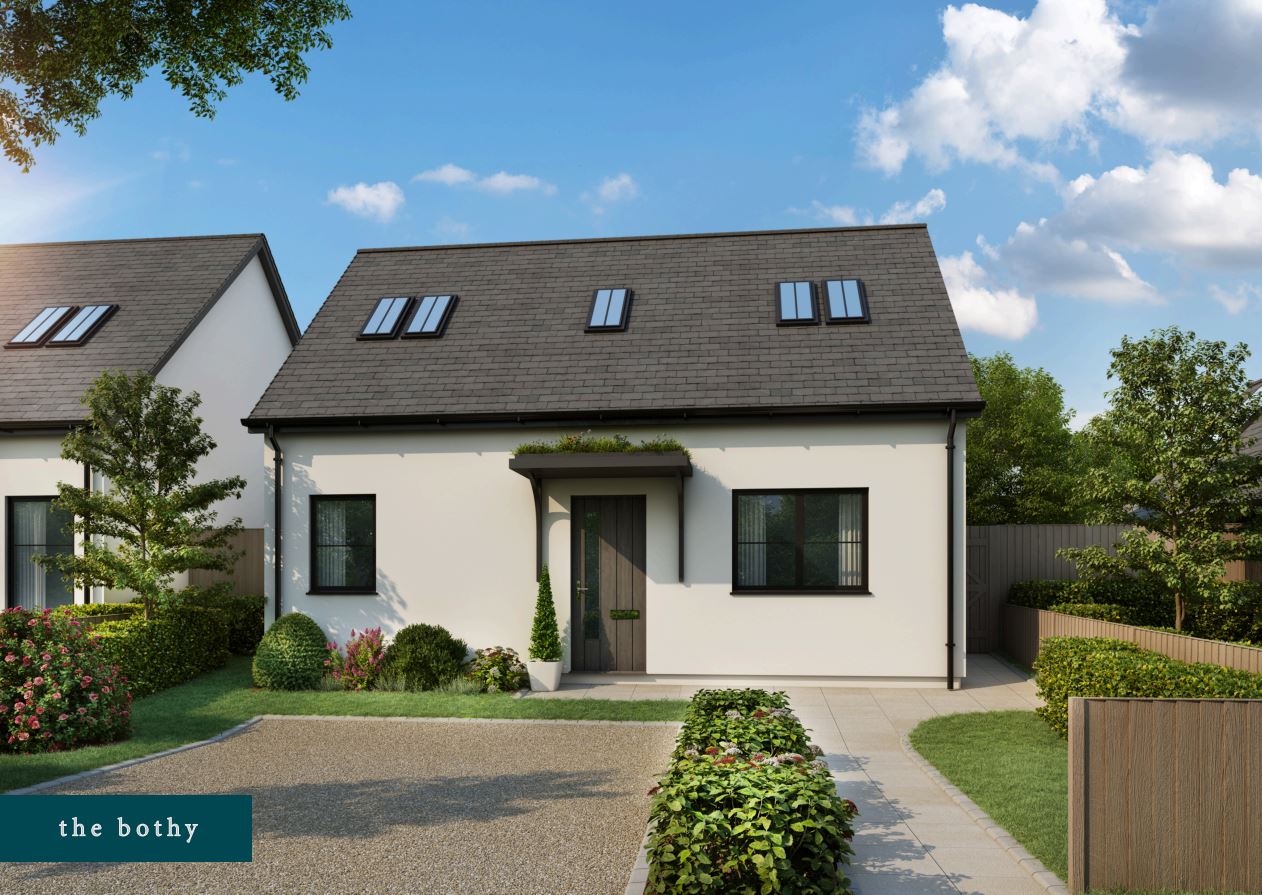 Front of the house at Caim Collection with gravelled driveway and path to the front door