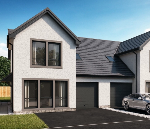 Computer generated images of front of property showing paved driveway, large living room windows and garage