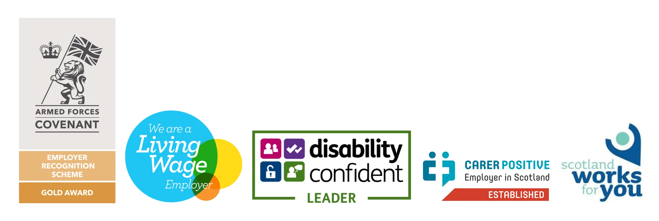 Awards and accreditations: Armed Forces Covenant Employer Recognition Scheme Gold Award, Living Wadge Employer, Disability Confident Leader, Established Carer Positive Employer in Scotland, Scotland Works for You