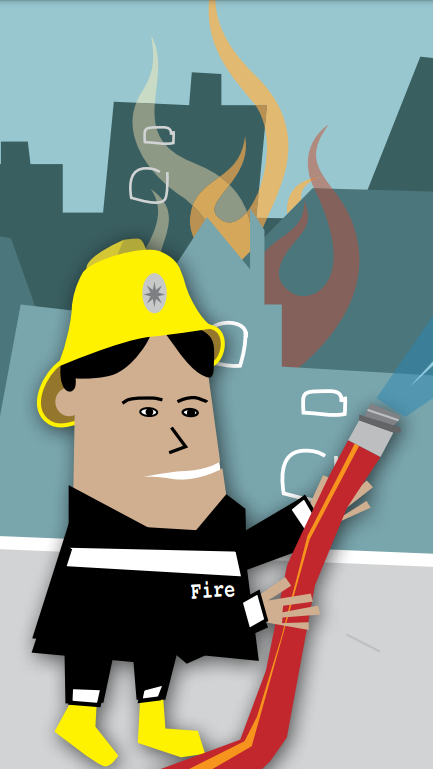 A stylised cartoon image of a firefighter spraying water from a hose, with burning buildings in the background.