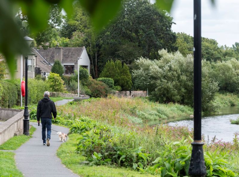 A man walking a dog along a path beside a river with houses and a wood in the background. 