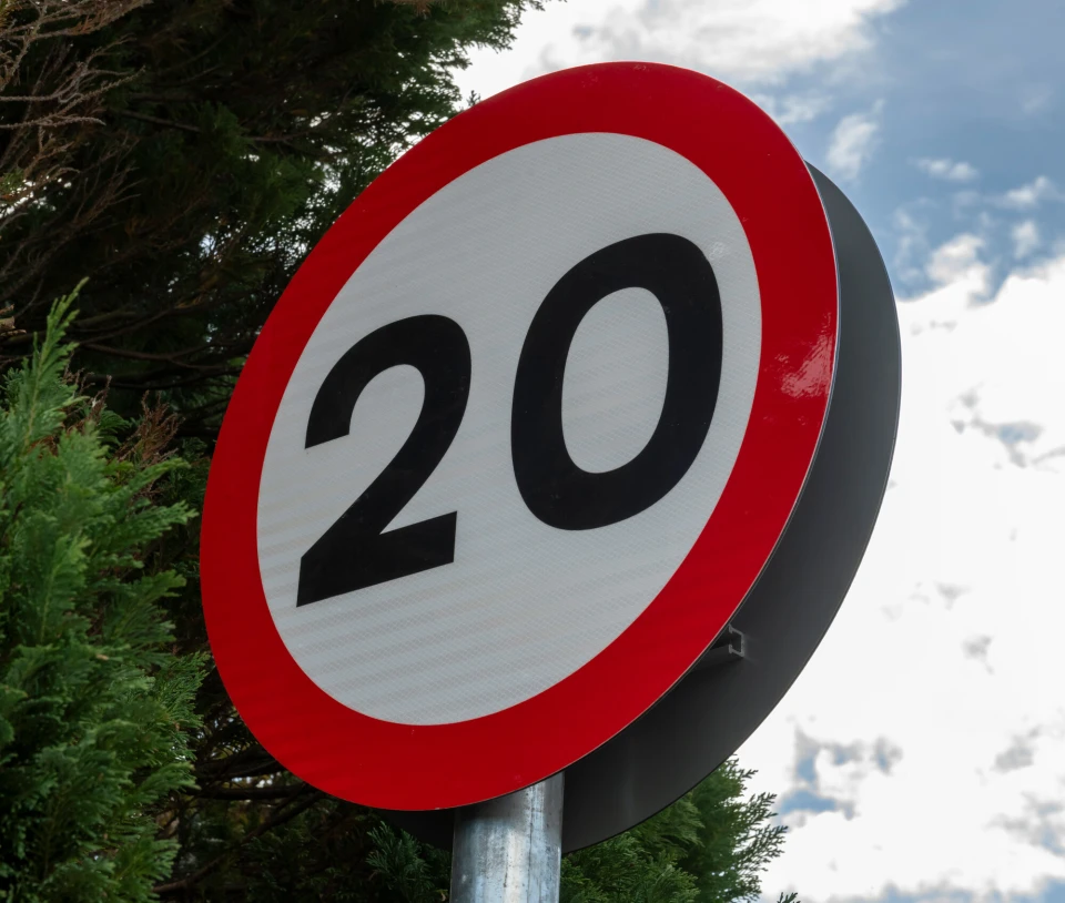 Close up of the 20mph sign with trees and sky in the background