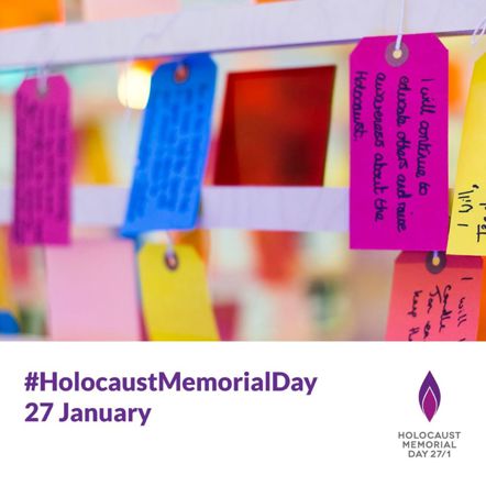 An image of tags in various colours with handwritten messages relating to the Holocaust. The Holocaust Memorial Day logo is at the bottom of the image.