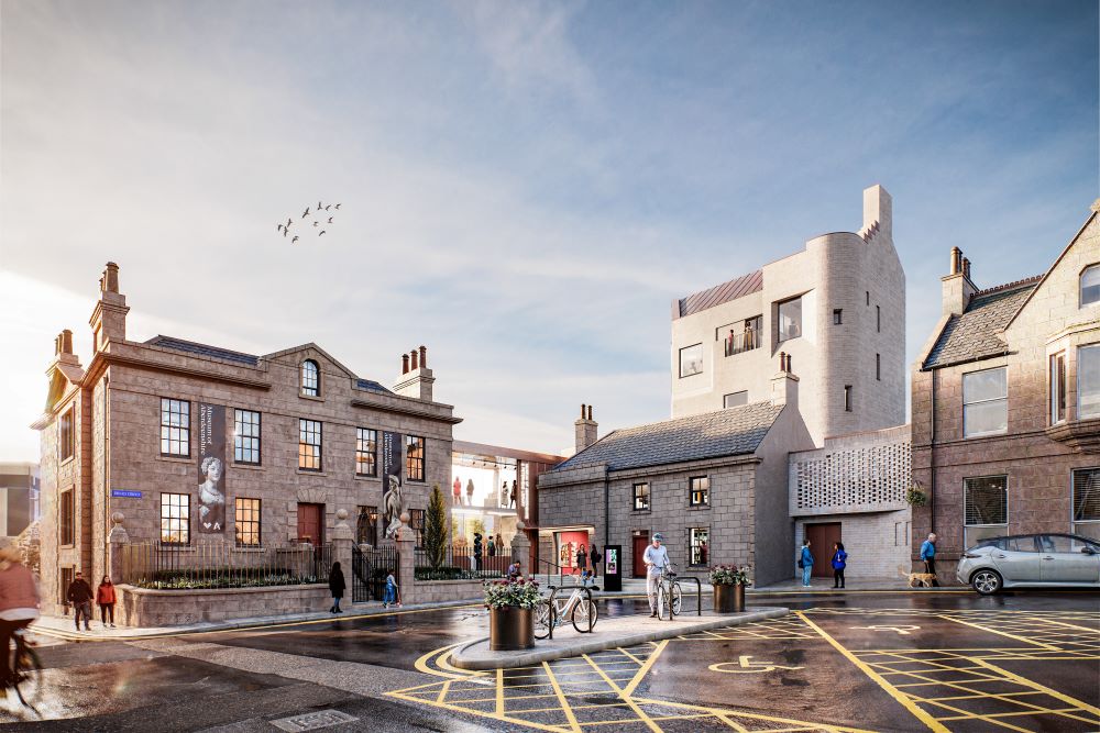 An artist's impression of the museum of Aberdeenshire and Peterhead Library project, showing a completed development. 