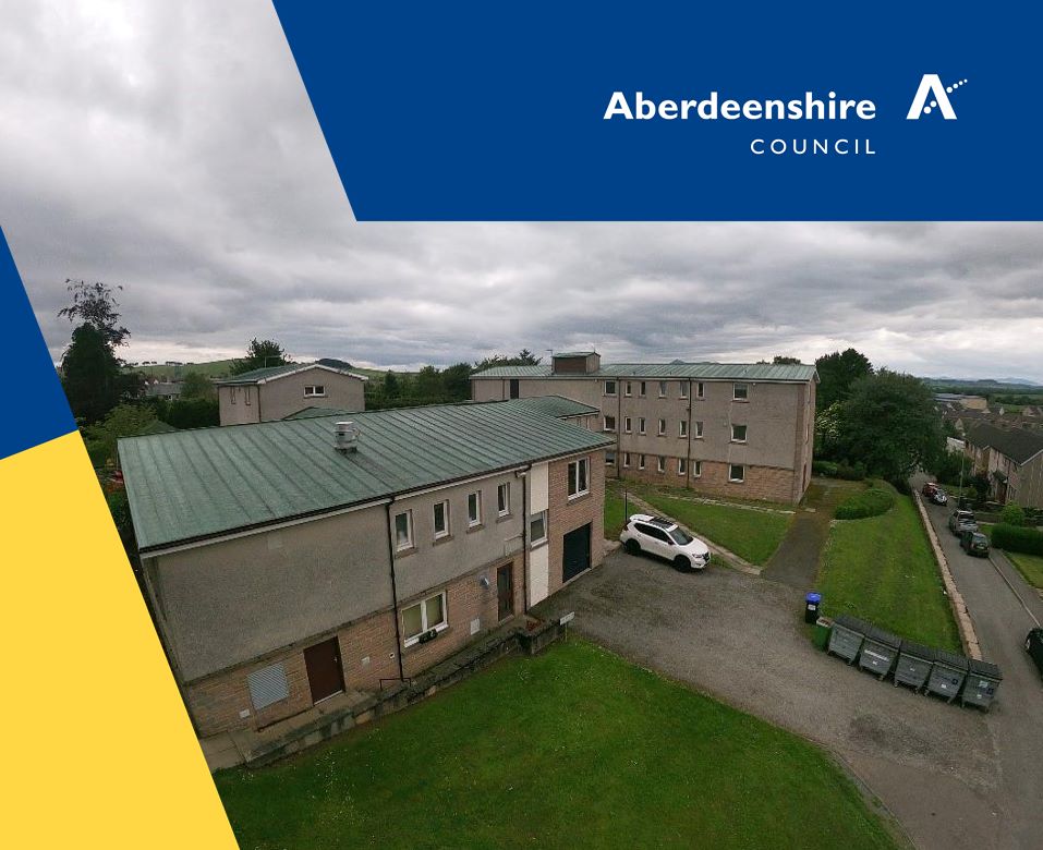 The former Westbank Care Home site in Oldmeldrum, showing the main accommodation blocks. The image features the Aberdeenshire Council logo.