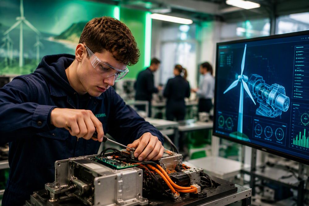 An image of a technology office, showing a young man in protective glasses using a screwdriver to work on an electronic device. A computer screen with an illustration of a wind turbine and motor is nearby. 