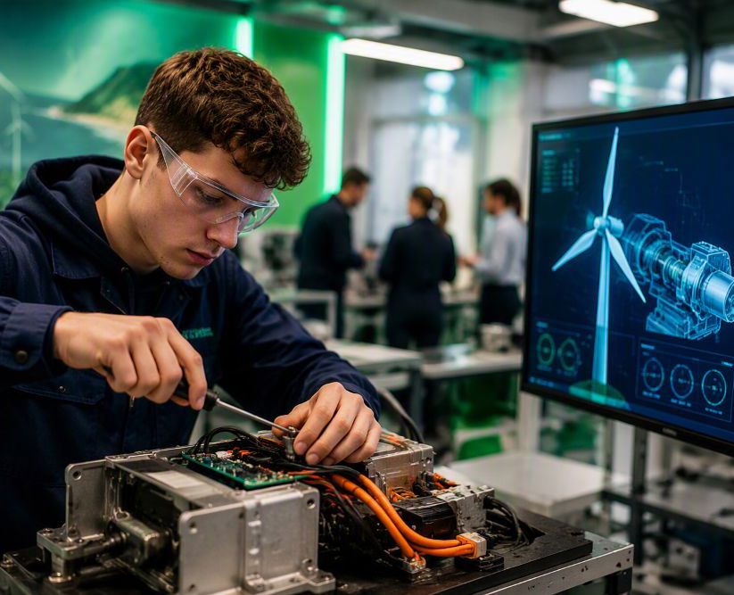An image of a technology office, showing a young man in protective glasses using a screwdriver to work on an electronic device. A computer screen with an illustration of a wind turbine and motor is nearby. 
