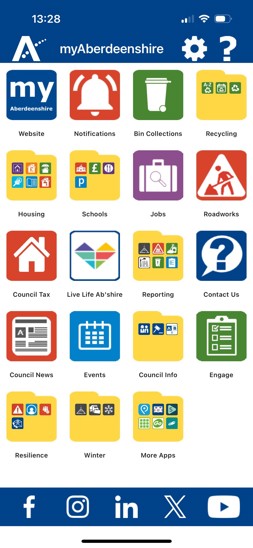 screenshot of the mobile app home scren showing diffrent folders with services such as bin collections, recycling, schools, roadworks and reporting
